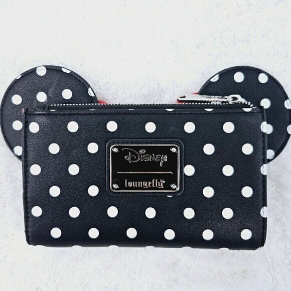 DISNEY LOUNGEFLY Minnie Mounse Red Bow Black and White Polka Dot Flap Wallet - Picture 10 of 11